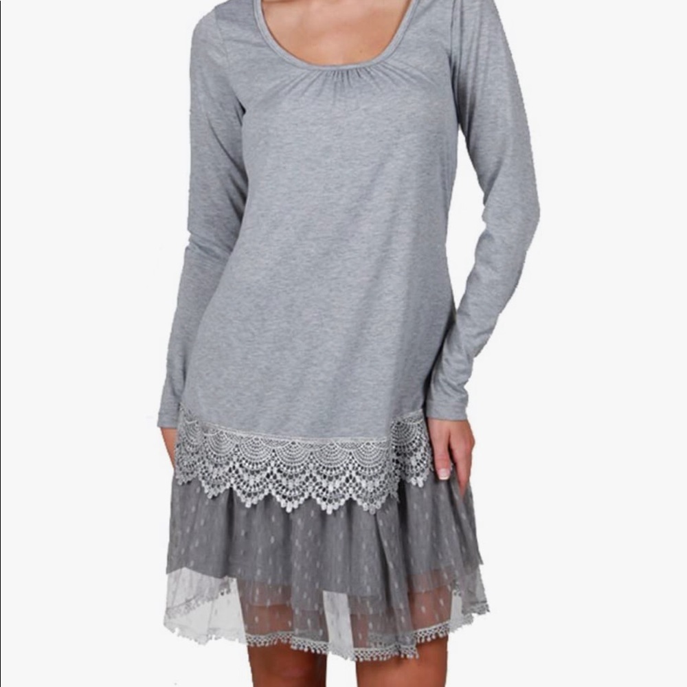 Ryu Gray Long Sleeve Tulle Slip Dress•Lace Hem•Size L